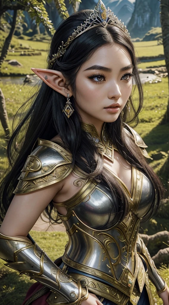 asian girl, bold makeup, long eyelashes, sturdy armor,nature background,hyper detailed face, very detailed lips, Detailed eyes,full body picture,(The most luxurious and highest quality giant tiara:1.1),(Lots of jewelry:1.1),(elven warrior:1.1),elf ears,olding a sword,very pale skin,black hair,tied hair,hair in a bun