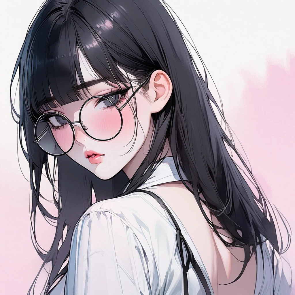 Girl, black hair, black eyes, beautiful, white shirt and back tie, pastel colors, face close-up, lipgloss, big round glasses, korean, submissive, straight bangs, pink cheeks, sexy, professional, smart, beautiful, ethereal, squinted eyes, solo