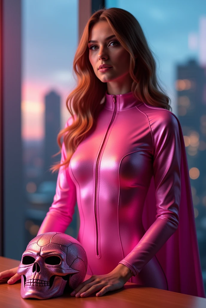 a pink vibrant superhero suit,a mask left on a table,revealing clothes,female figure,1girl,detailed face,detailed eyes,detailed lips,extremely detailed,4k,8k,highres,masterpiece,ultra-detailed,realistic,photorealistic,photo-realistic,HDR,UHD,studio lighting,ultra-fine painting,sharp focus,physically-based rendering,extreme detail description,professional,vivid colors,bokeh,concept art