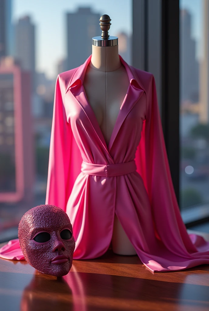 a pink vibrant superhero suit,a mask left on a table,revealing clothes,female figure,1girl,detailed face,detailed eyes,detailed lips,extremely detailed,4k,8k,highres,masterpiece,ultra-detailed,realistic,photorealistic,photo-realistic,HDR,UHD,studio lighting,ultra-fine painting,sharp focus,physically-based rendering,extreme detail description,professional,vivid colors,bokeh,concept art