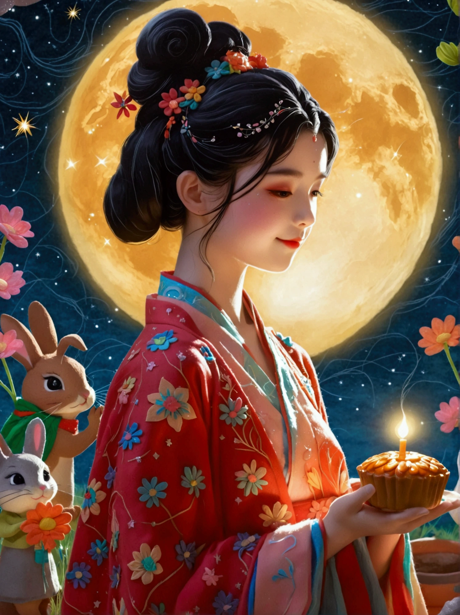 (Microphotography:1.4)，(Felt style:1.5)，1 girl wearing Hanfu，Felt clothing looks soft and warm in the moonlight，Huge Moon，Sparkling stars，(Stars:1.5)，(Milky Way Starry Sky:1.5)，She stood under the bright moon，Dancing lightly，Surrounded by the tranquil night sky and hazy clouds，There is a round moon cake next to the girl.，Looks sweet and delicious，Side，A cute rabbit is holding another moon cake，Colorful flowers，Seems to be enjoying the food of this festival，Vibrant and fun，3D Photography