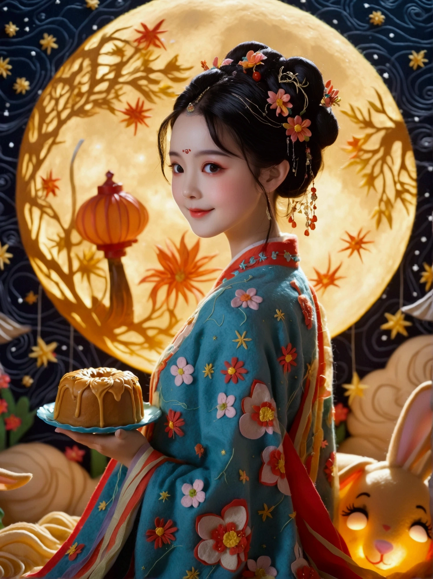 (Microphotography:1.4)，(Felt style:1.5)，1 girl wearing Hanfu，Felt clothing looks soft and warm in the moonlight，Huge Moon，Sparkling stars，(Stars:1.5)，(Milky Way Starry Sky:1.5)，She stood under the bright moon，Dancing lightly，Surrounded by the tranquil night sky and hazy clouds，There is a round moon cake next to the girl.，Looks sweet and delicious，Side，A cute rabbit is holding another moon cake，Colorful flowers，Seems to be enjoying the food of this festival，Vibrant and fun，3D Photography