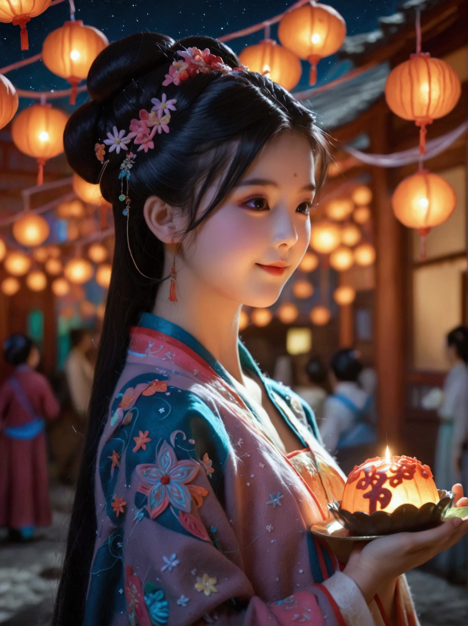 (Microphotography:1.4),(Felt style:1.5),1 girl wearing Hanfu,Felt clothing looks soft and warm in the moonlight,Huge Moon,Sparkling stars,(Stars:1.5),(Milky Way Starry Sky:1.5),She stood under the bright moon,Dancing lightly,Surrounded by the tranquil night sky and hazy clouds,There is a round moon cake next to the girl.,Looks sweet and delicious,Side,A cute rabbit is holding another moon cake,Colorful flowers,Seems to be enjoying the food of this festival,Vibrant and fun,3D Photography