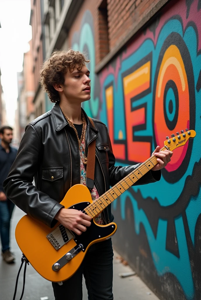 and a character playing the guitar and with the name Leo in the background with graffiti paint