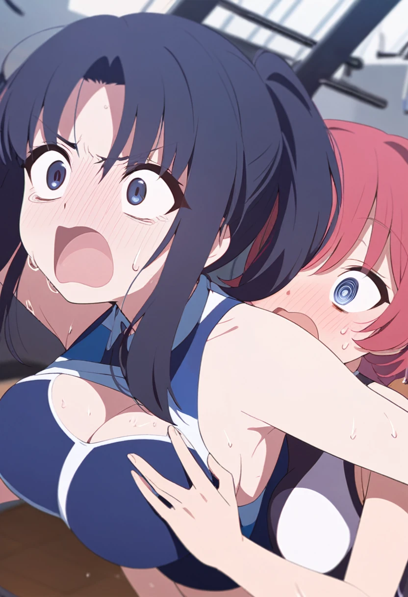 Young girl training in the gym, she is sweating, short red hair and blue eyes, big breasts, surprised face, upper-half body, getting hugged from behind by an unknown woman