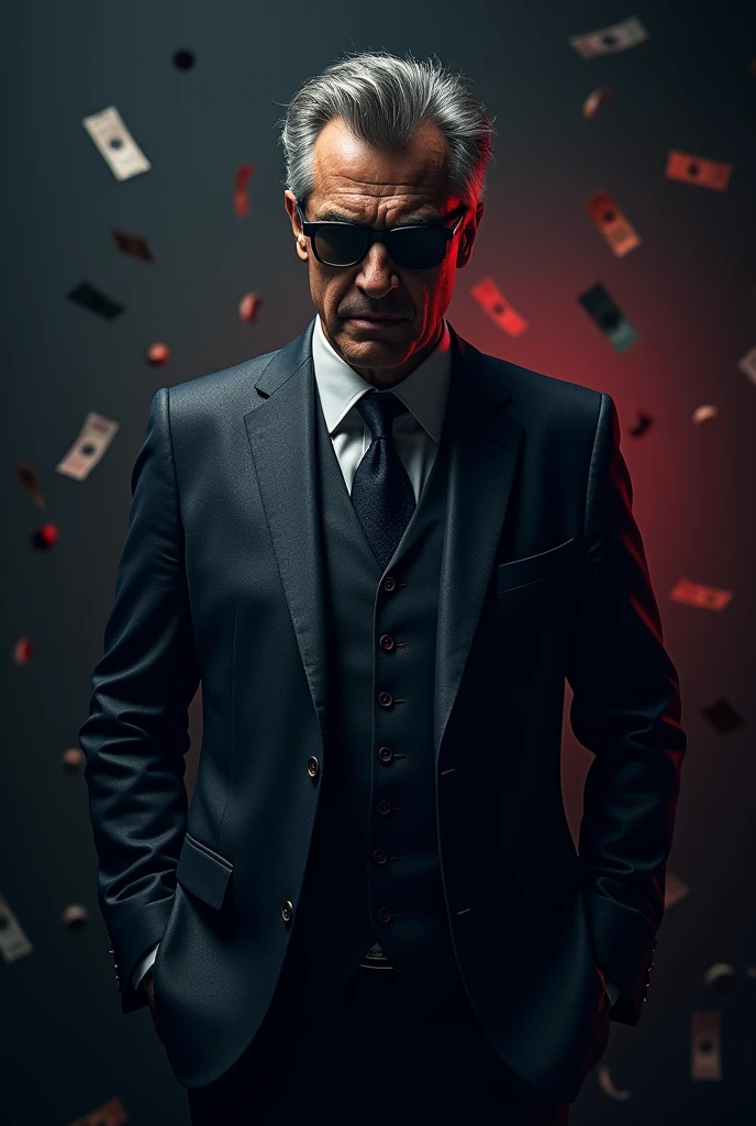 Create a 3D-style election flyer featuring a shady politician with a gangster-like appearance. The character should be dressed in a dark suit with a slightly disheveled appearance, and have a mischievous expression. The background should be dark with hints of money symbols subtly embedded in the design, suggesting secrecy and corruption. The style should be modern, colorful, and visually appealing.
Size: 1024x1792 (vertical format)
