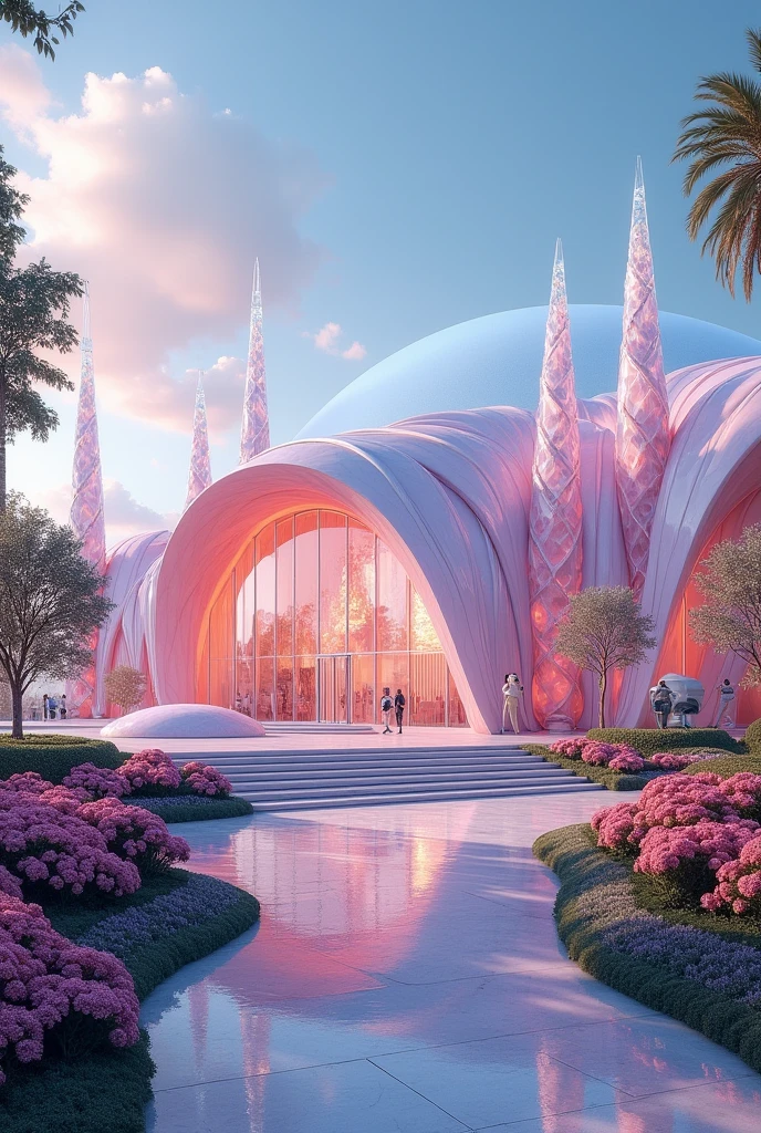 Create a concept design arena based on a rose quartz and serenity colored diamond and please show me the exterior design