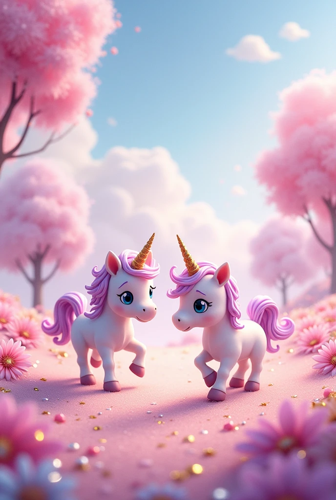 Cute unicorns in a magical world full of pink