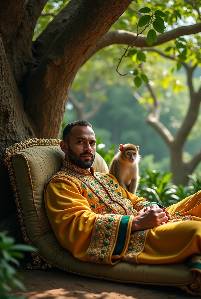 King Resting Under a Tree: The king lying down peacefully on a soft, embroidered cushion under a large, shady tree in the palace garden. The monkey is sitting nearby, alert and watchful, as the king rests.