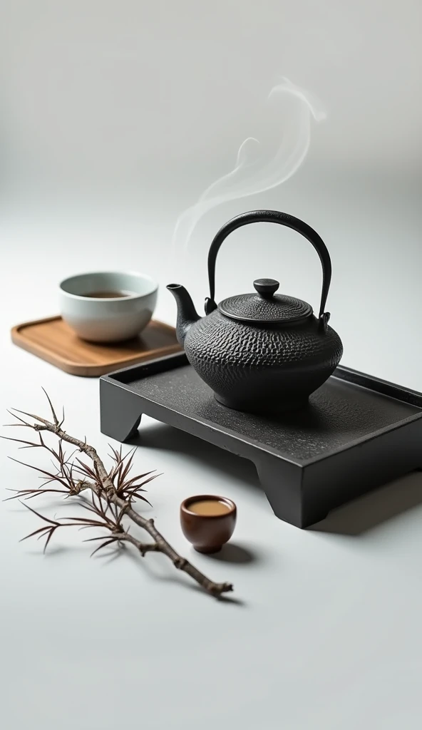 (Leave the left half of the screen blank)Nice looking cast iron kettle(Describe the texture of iron in detail)teapot(Make tea、There is smoke),Place it on the kiln-burning charcoal stove.Exquisite white ceramic glaze small teacup set on wooden coasters.Dead Branches. Inspired by the tea ceremony scene, cozy atmosphere, Zen and calm, A taste of serenity and zen, Warm and respectful atmosphere, Comfortable environment, Just relax, feeling of happiness, Soft light and shadow.high quality. High style.Zen style bamboo branches and leaves background(best quality)(intricate details)(leave a big blank)Minimalism, romanticism, Chiaroscuro, outer boundary, Ultra high quality, masterpiece, anatomically correct, Super detailed, best quality.Nice photos