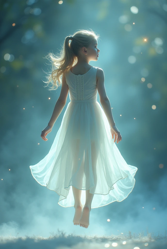 a spectral girl, 6 years, with a (Translucent appearance:1.3), Its barely tangible form, with a soft glow emanating from her gentle contours, The environment is subtly distorted through its ethereal presence., Creating a dreamlike atmosphere