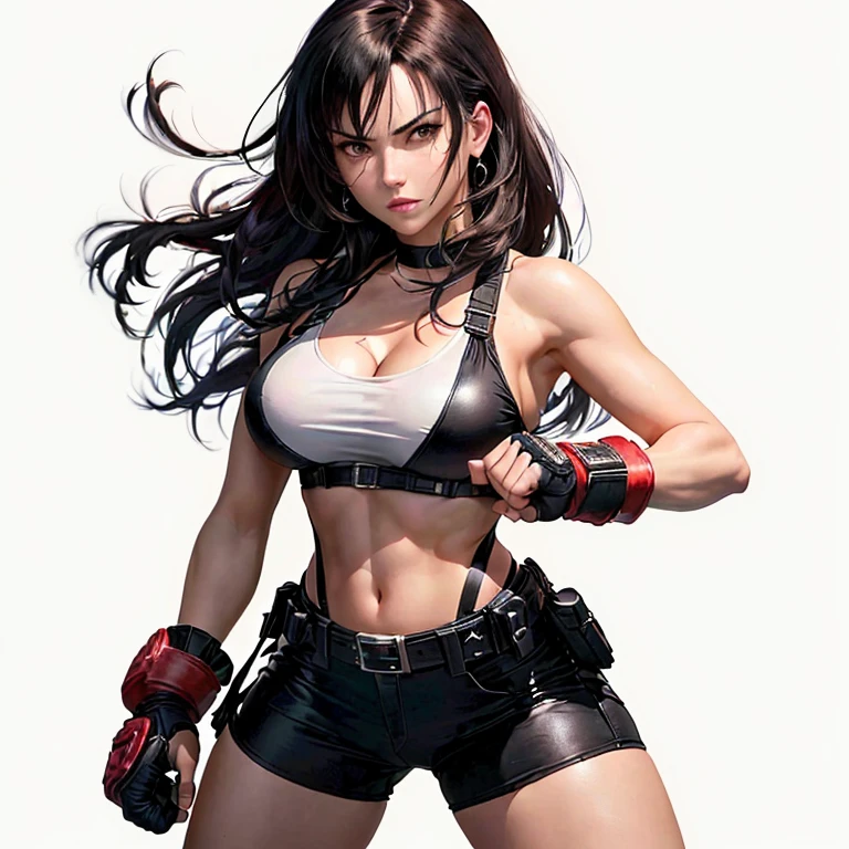 женщина в боксерских перчатках и майке posing для фотографии, beautiful comic, she is ready to fight, fighter pose, in a fighting stance, in a fighting pose, Tifa Lockhart, posing, ready for battle, angry dark haired women, Tifa Lockhart, Fighting pose, fighting game character, fighter, Comic character, zenoscope