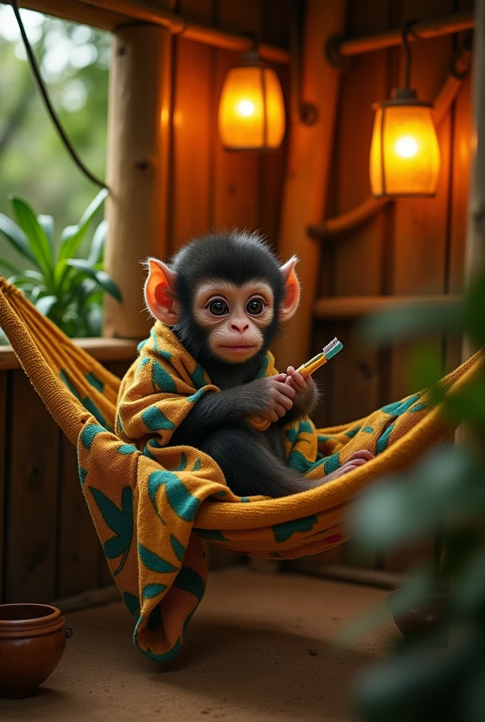 A little monkey despairs from the severity of the pain. He wakes up from sleep and goes and brushes his teeth while wearing a sleeping blanket. The full picture, precise details.