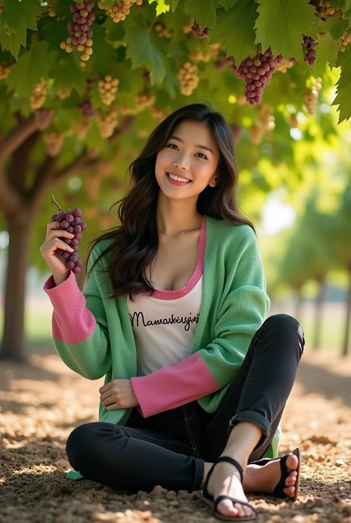 Beautiful white Korean woman with clean, smooth skin wearing a green and pink cardigan with the Mamaskygibs logo, black jeans, sandals, sitting under a grape tree holding grapes with a vineyard background, original photo