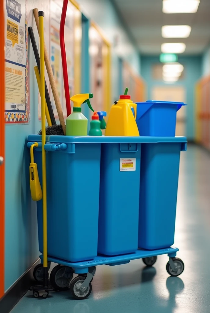 A school worker cleaning cart that is easy, comfortable and feasible with exact height and width measurements, Do not let the cleaner be seen, only the cart