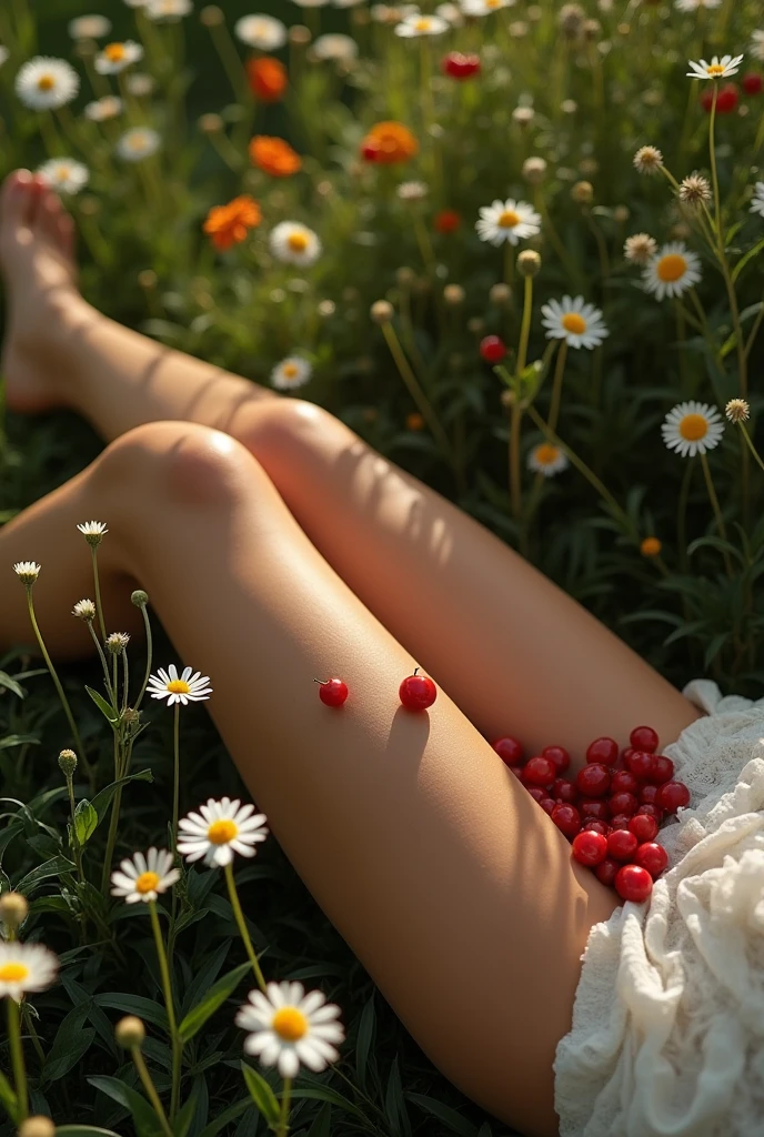 woman thigh with cherry stands on the ground, daisies and dandelions grow nearby, view from above path photorealism, Canon 5D mark, cinematic