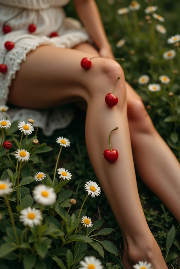 woman thigh with cherry stands on the ground, daisies and dandelions grow nearby, view from above path photorealism, Canon 5D mark, cinematic