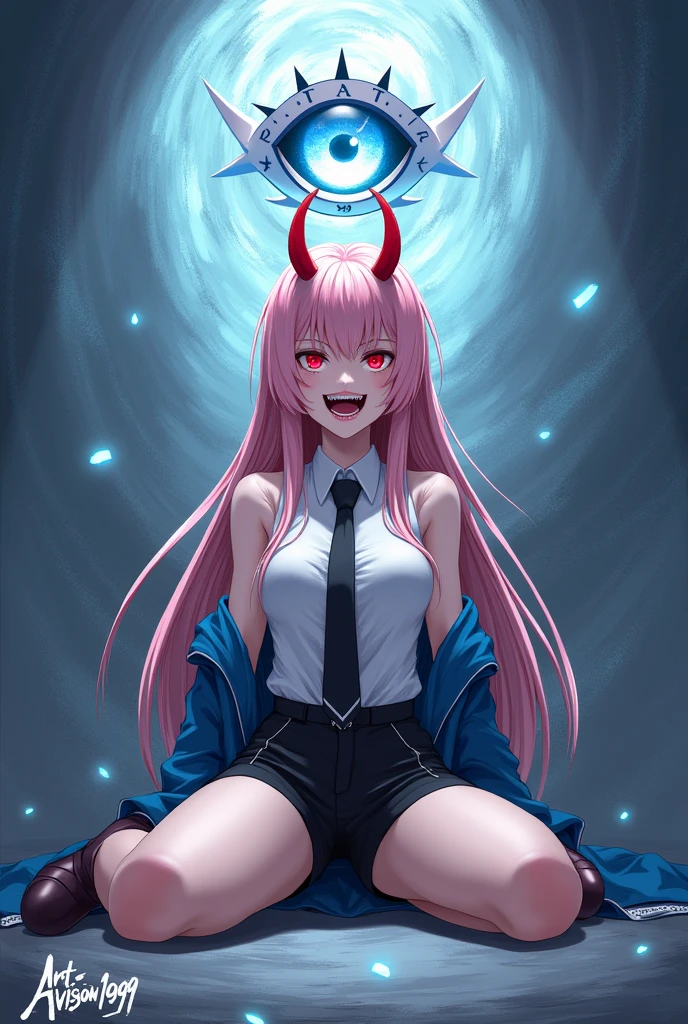 Digital illustration in a cinematic, stylized anime-inspired style featuring a highly detailed, anatomically correct female character with long, straight, light pink hair and red eyes. She has light skin and is depicted with red horns protruding from her head. The character is wearing a intricately designed white dress shirt, a black tie, and black shorts, with a blue jacket draped over her shoulders. The background is a swirling mix of prominent blue and gray tones, filled with detailed, swirling patterns and blue highlights that complement the character's intense appearance. Above the character, a stylized logo resembling an eye with text above it is placed in the upper central area. In the bottom left corner, the text 'Artvision1999' is written in a graffiti-like font. The character's expression is slightly aggressive, with her mouth open showing sharp teeth, with a focus on realistic facial anatomy. The overall composition is centered, with the character sitting on the ground, legs spread apart, with a dramatic lighting effect enhancing the cinematic atmosphere, rendered in high-resolution 4K