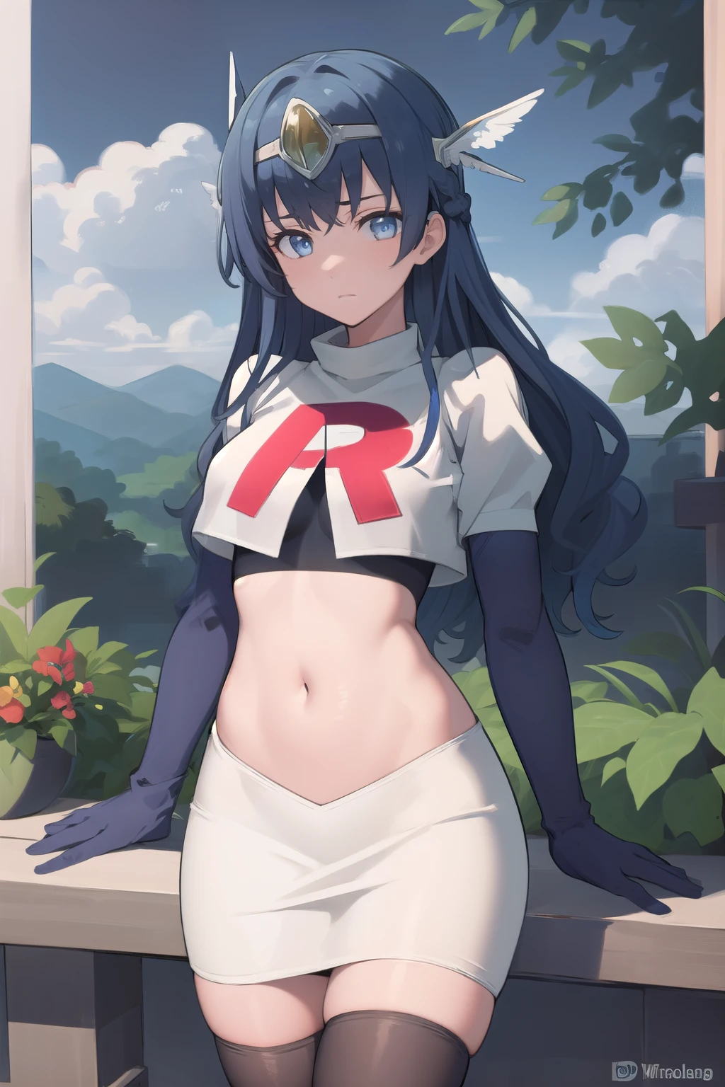 best quality, (masterpiece:1.2), illustration, absurdres,
(1girl, solo), (beautiful detailed girl),
blue hair, long hair, wavy hair, blue eyes, medium breasts,
winged visor, wing ornament, team rocket,team rocket uniform,white skirt,red letter R,crop top,black thigh-highs,black elbow gloves, looking at viewer,
magical forest, flowers, sky, clouds