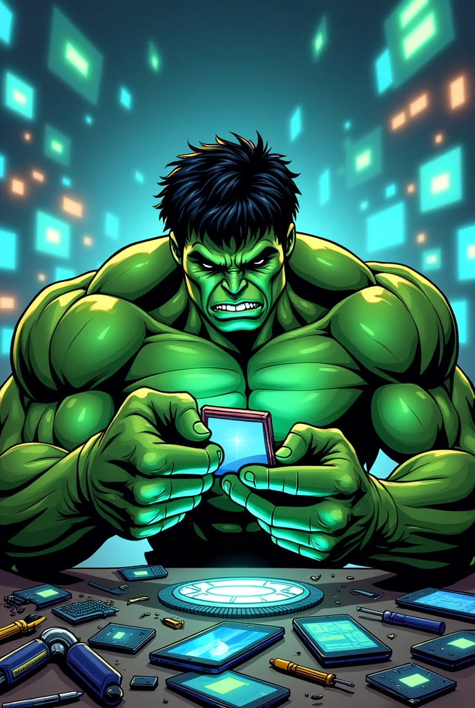Create a logo with Hulk fixing cell phones