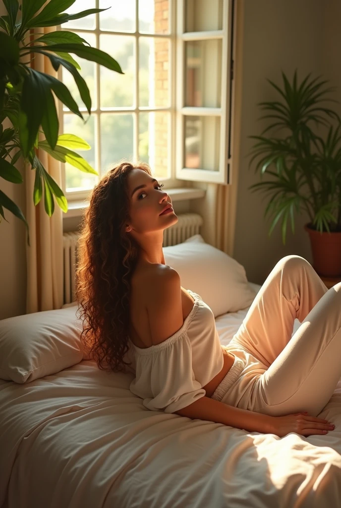 (photorealism:1.2), beautiful woman, sitting on bed, wearing loose off-shoulder top, pajama pants, long curly hair, indoors, soft lighting, plants in background, window with sunlight, cozy room, relaxed pose, realistic, intricate details, warm colors, by Greg Rutkowski, by Alphonse Mucha