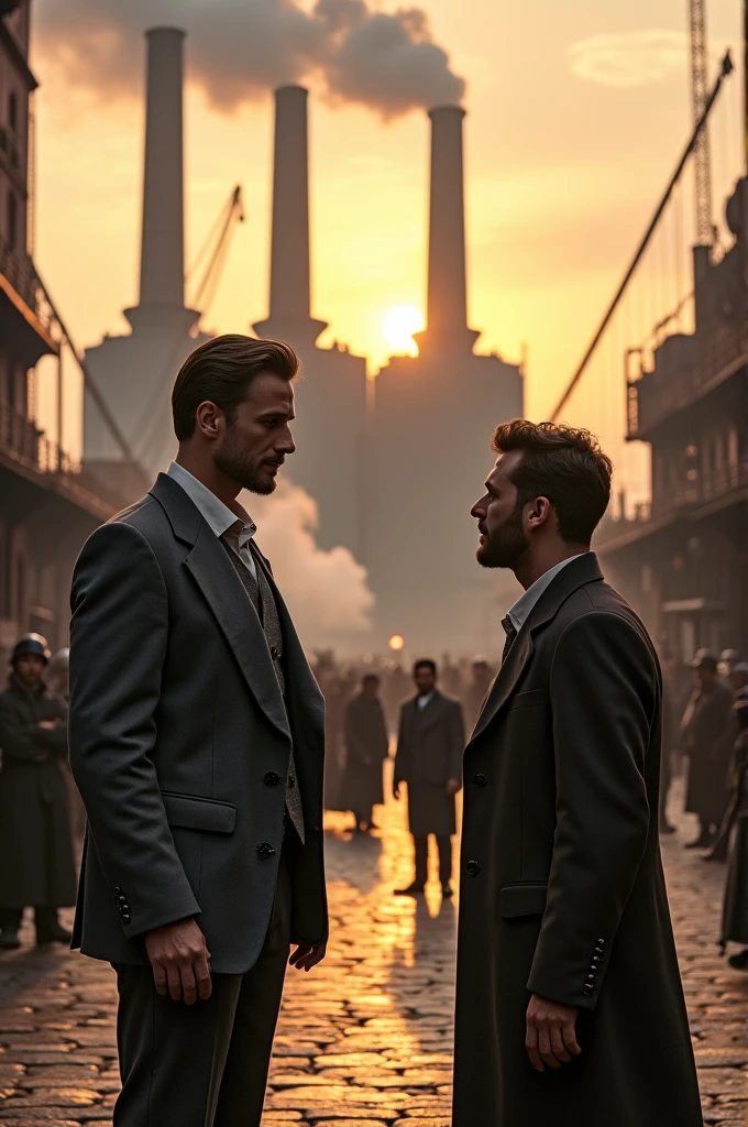 Jean Valjean's character as Mr. Madeleine talking to another man in front of the factory