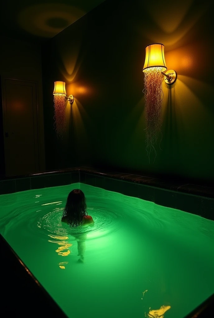 A dark room with black wall and a pool with green water and a yellow lamp hanging on the right wall and a yellow lamp hanging on the left wall and a long curly hair back in the pool