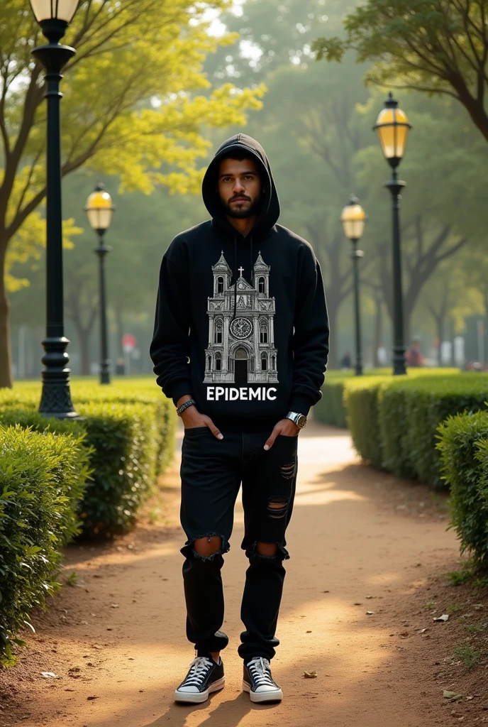 Please make me a picture, this picture shows a person outdoors on top of a layer of ground. The individual was wearing a black hoodie with a graphic of a gothic-style building and the word "EPIDEMIC" printed on it. The person was also wearing torn black jeans and black-and-white sneakers. In the background, there are green shrubs, trees, and street lights indicating that this photo was taken in a park or outdoor area during the afternoon.