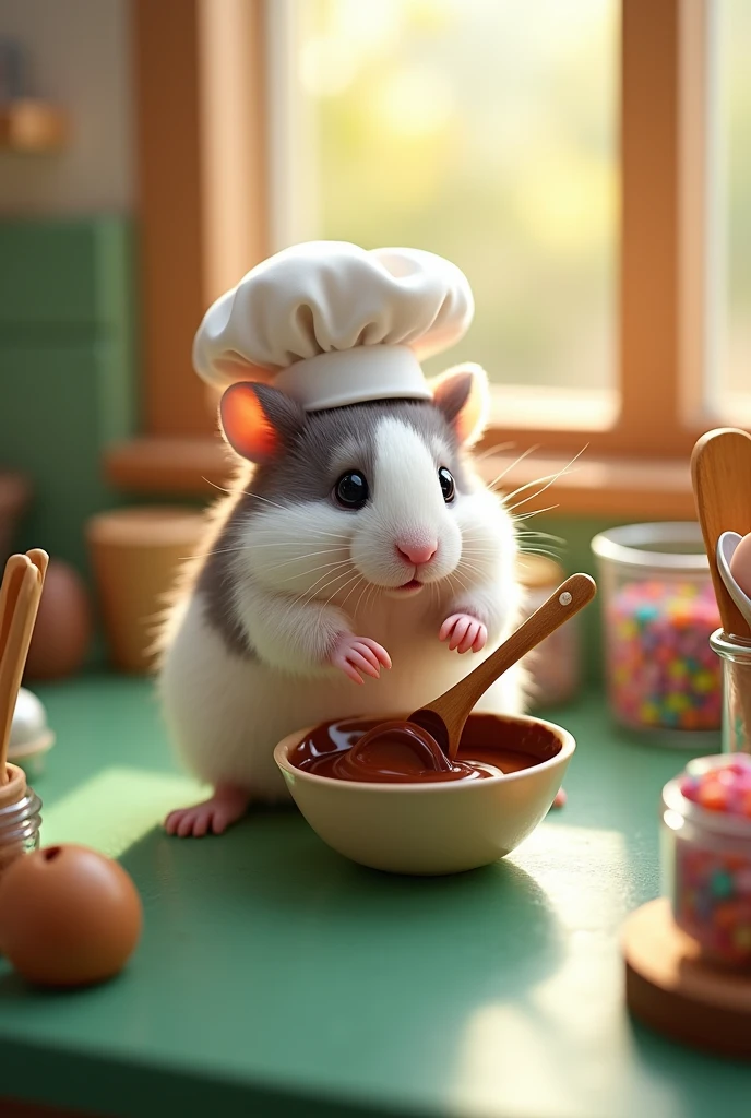 White and gray hamster wearing a chef's hat stirring chocolate with a wooden spoon