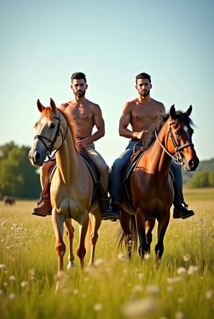 Two handsome young men, both with beautiful faces, white skin, and soft skin, lean and shirtless, with short black hair, riding horses together.