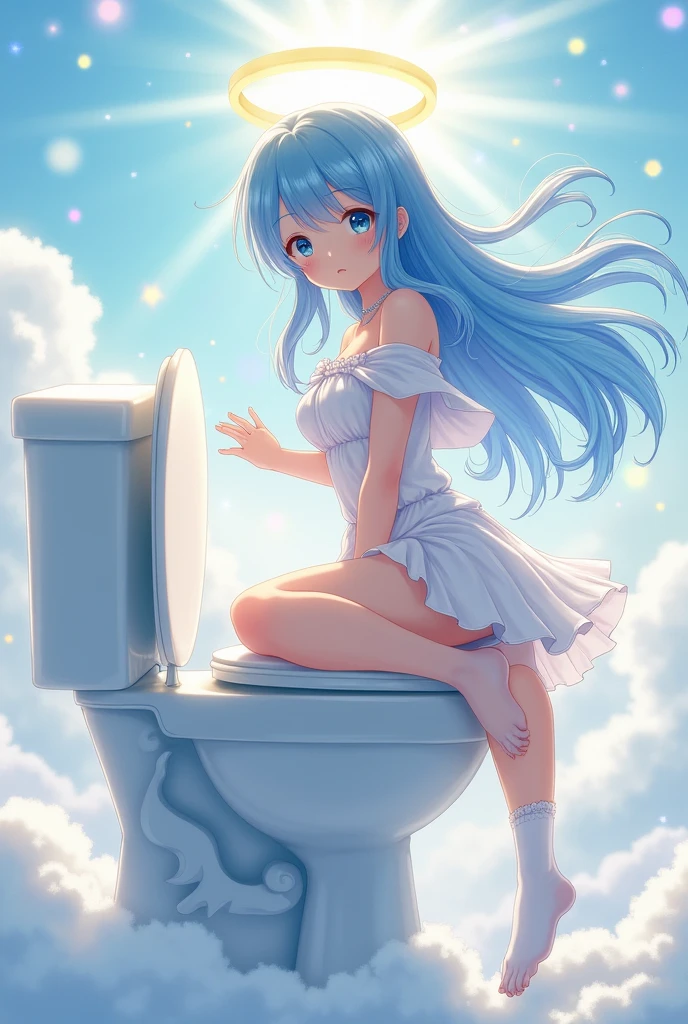 a anime girl with blue hair and a halo and perfect white chlotes from the heeavens and she is pooping in a perfect toilet from the heavens
and she is wearing a white skirt from the heavens and she is wearing perfect socks
from the heavens and the skirt is not covering her butt and she is wearing perfect chlothes from from the heavens but it is not a dress