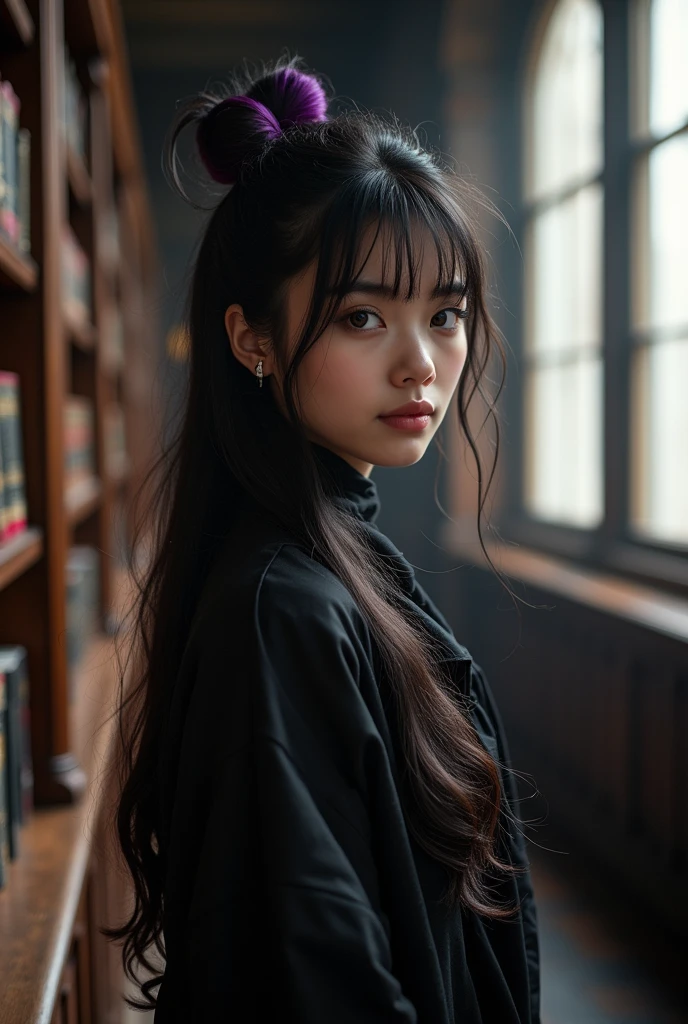 20 year old woman she has long and very dark hair, with a few purple lighting points. Eyes in a dark brown shade, she usually has a loose bun, wear clothes in neutral colors (usually makes a play with black and gray and white details, It has a kind of dark academia style