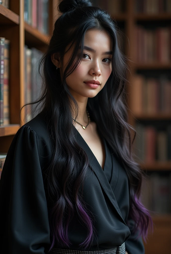 20 year old woman she has long and very dark hair, with a few purple lighting points. Eyes in a dark brown shade, she usually has a loose bun, wear clothes in neutral colors (usually makes a play with black and gray and white details, It has a kind of dark academia style