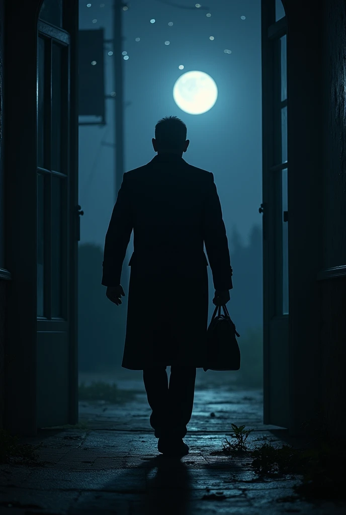 A man is walking towards the room. It is night time.