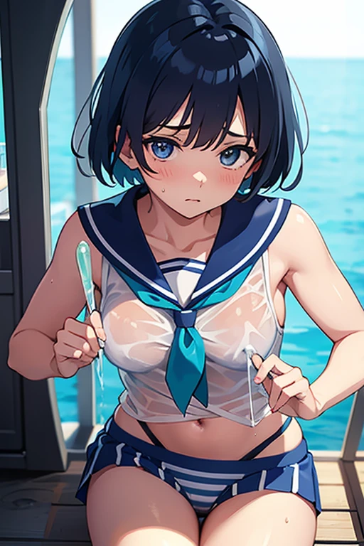 Striped, undressed Sailor Mercury covered in translucent slime and sweat,Machine Gun