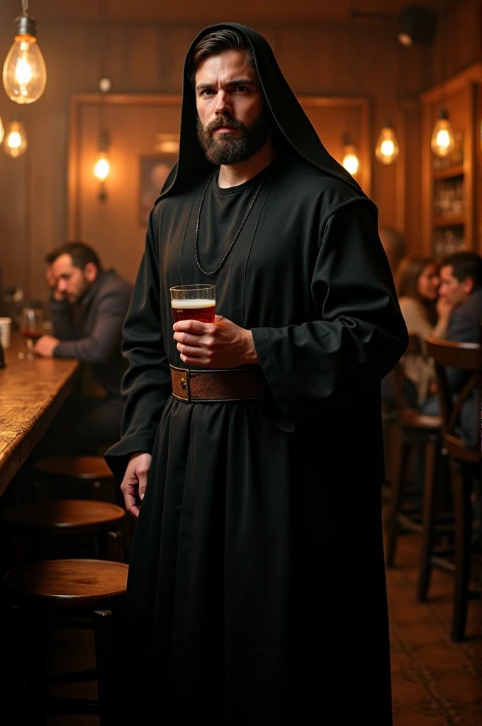 German man, stark, nun dress, 34 years, with a glass of whiskey in hand in a bar