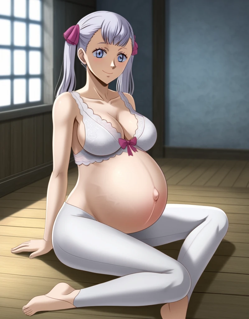 noelle_blackclover, Noelle Silva, Black Clover, long silver hair, waist-length hair, half-up half-down hairstyle, ribbon, soft waves, side-parted bangs, almond-shaped blue eyes, high-quality, ultra-detailed, beast quality, 8K resolution,
looking at viewer, smile, pregnant belly, large belly, huge belly, big Breasts, Sitting
1girl,solo, indoors, happy, Smiling, rub belly,
full body,