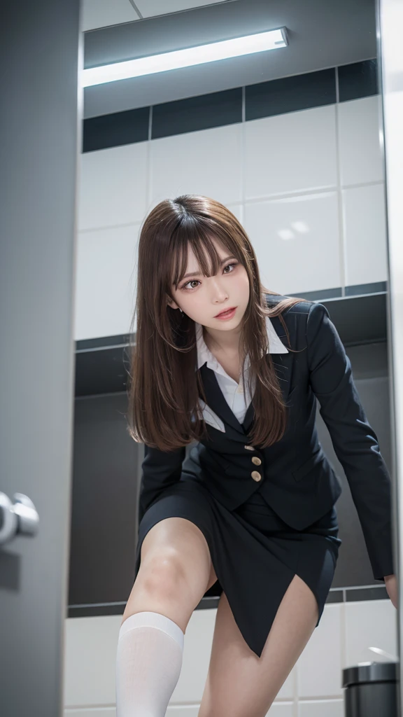 masutepiece, Best Quality, Illustration, Ultra-detailed, finely detail, hight resolution, 8K Wallpaper, Perfect dynamic composition,  Full body，(from below:2)、Beautiful detailed eyes, Natural Lip, Beautiful long shiny hair, Long legs，20yo woman，slimfigure，Bigchest, office ladies uniform，Office wear，white stockings，((Bathroom full-length mirror))，long hair