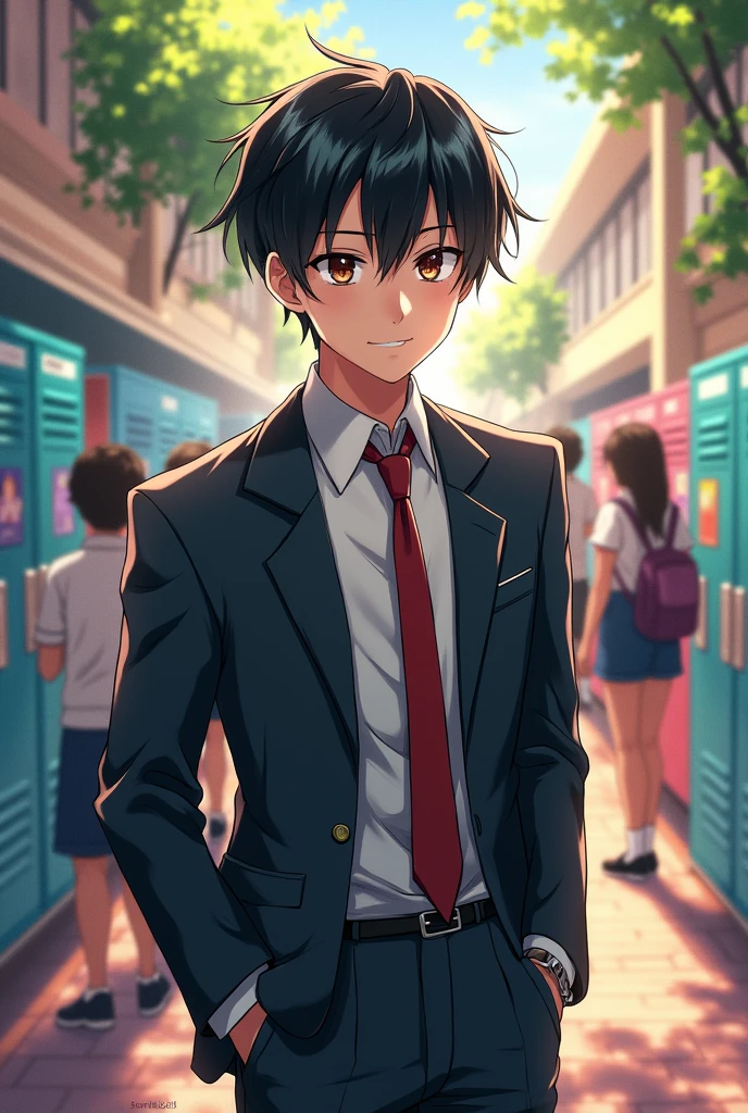 Illustration of a handsome high school boy with silky straight black hair