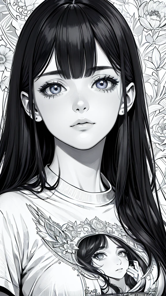 (hyperrealistic), (8K), (extremely detailed), (best illustration), (beautiful detailed eyes), (best quality), (ultra-detailed), (masterpiece), (wallpaper), (detailed face), solo, (t-shirt:1.1), looking at the audience, exquisite details, medium length hair, black hair, closed mouth, bangs,