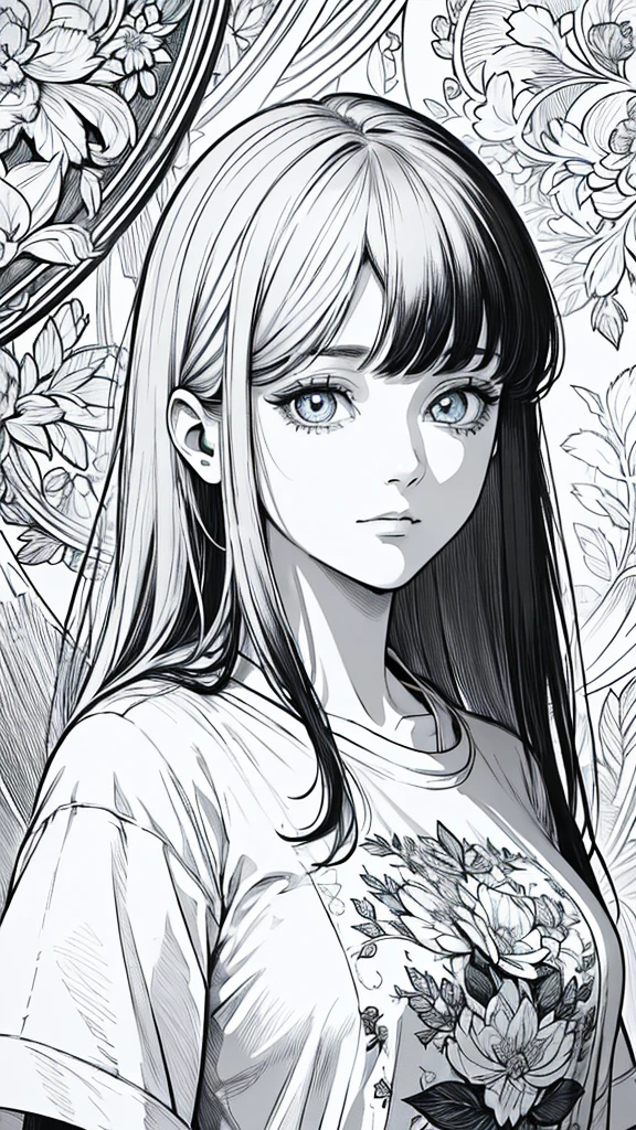 (hyperrealistic), (8K), (extremely detailed), (best illustration), (beautiful detailed eyes), (best quality), (ultra-detailed), (masterpiece), (wallpaper), (detailed face), solo, (t-shirt:1.1), looking at the audience, exquisite details, medium length hair, black hair, closed mouth, bangs,