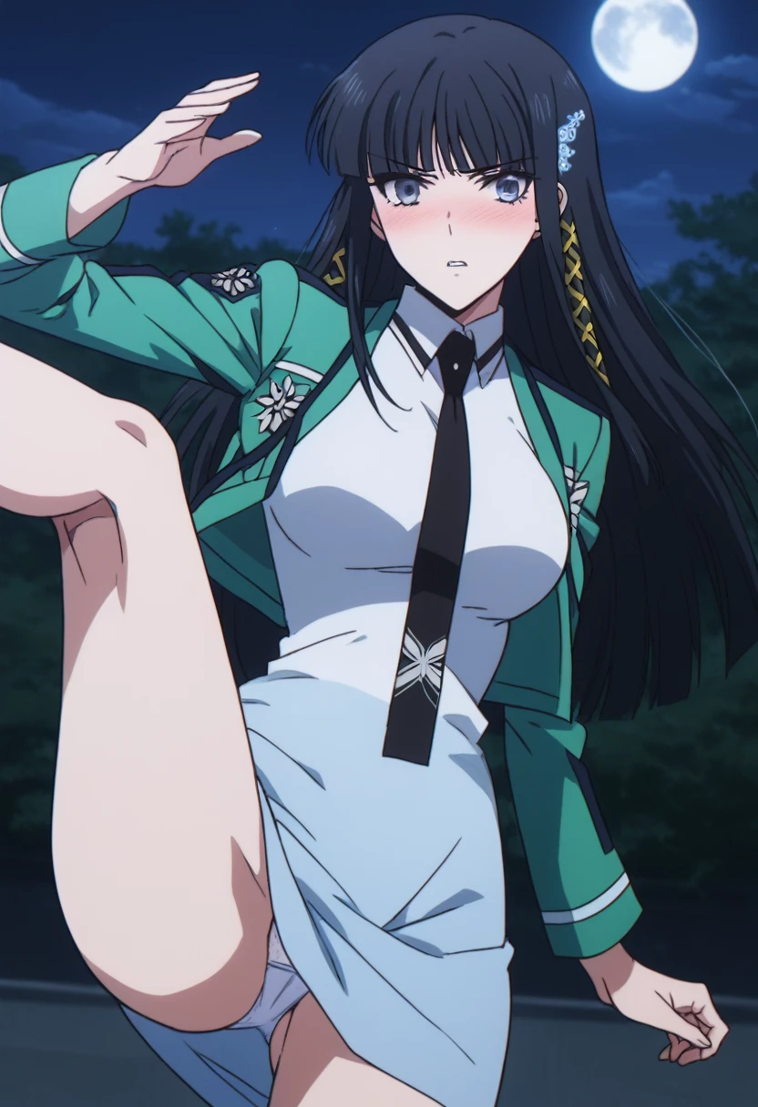 1girl, 独奏, masterpiece, best quality, 
mahouka koukou no rettousei, Miyuki Shiba, Shiba Miyuki, black eyes, Blue eyes, tsurime, eyelashes, black hair, long hair, Hime cut, straight hair, blunt bangs, blunt ends, sidelocks, hair ornament, snowflake hair ornament, first high school uniform, dress, white dress, collared dress, pencil dress, necktie, black necktie, short necktie, jacket, green jacket, cropped jacket, open jacket, long sleeves, large breasts,
,
looking at viewer,
blush, Angry expression, parted lips,
outdoors, Battlefield, right leg raised up,light rings  on right leg, jacket fluttering in the wind, night, moon, mist  from the ground,hi kick,see white panties