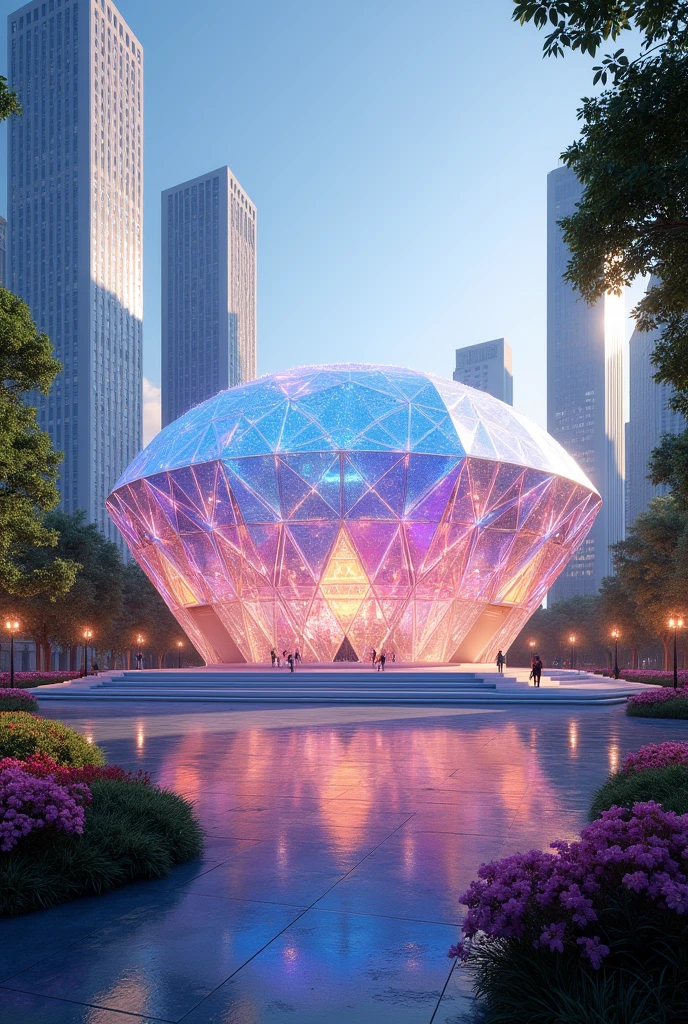Create a concept design arena based on a sparkling diamond and please show me the exterior design