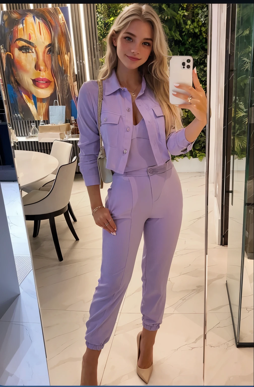 Face of a woman, americana, age 25, pale skin and freckles, grey-eyed, delicate nose, soft and delicate lips, Long Wavy Gray Blonde Hair, Sweet smile, cabelo solto e cheio