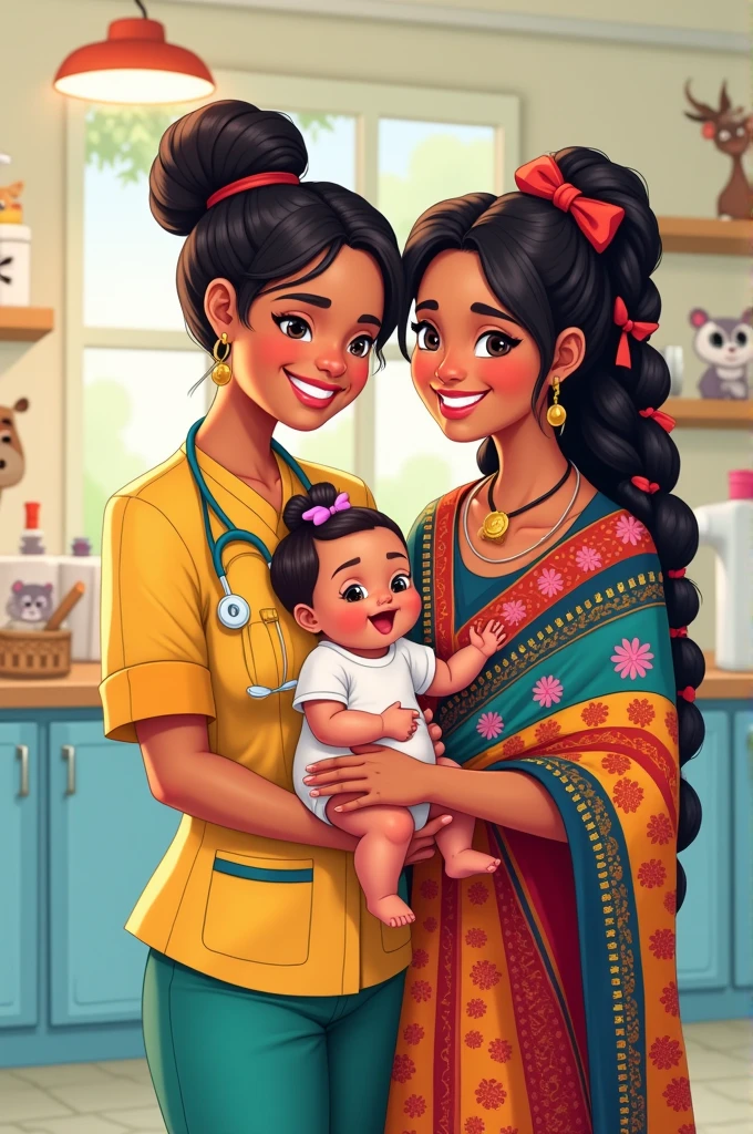 A cartoon nurse weighing a baby under 2 years old, with his mother, a cholita from Bolivia, standing next to him