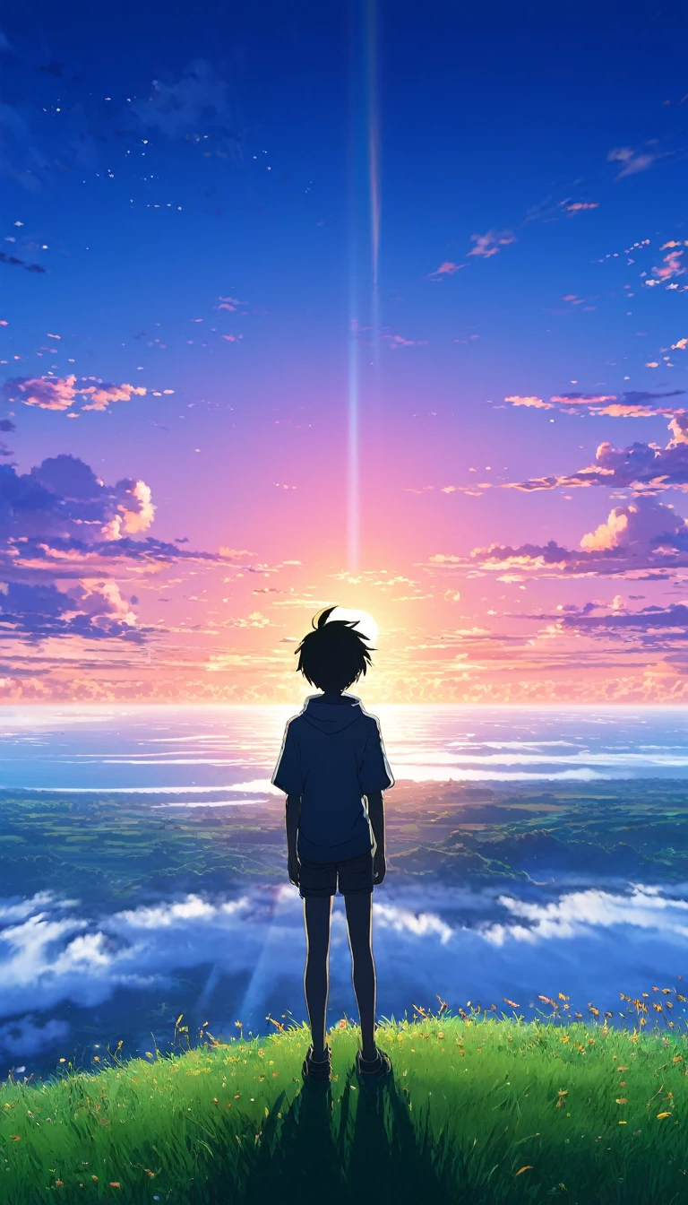 Obra maestra!!!!! sombra, 8khdr Beautiful and serene anime landscape, ((with clean sky bintage effect)), sunset ((without clouds)), dreamy, incredible. A boy looking towards the empty horizon, an incredible clear sky, fascinating, dreamy, surreal, well detailed, photoshop, anime-realistic, anime landscape wallpaper, landscape anime, anime landscape wallpapers, anime beautiful scene peace, beautiful anime landscape, anime sky anime. by makoto shinkai, Rhads and Lois Van Baarle, makoto shinkai cyril rolando, anime background art, 4k anime art wallpaper, clear sky