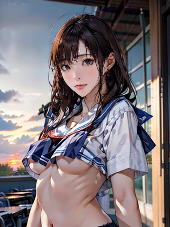 (8k,Photorealistic, masutepiece, Best Quality, Raw photo:1.3)、1girl in, 18years old,Solo,school girl, Long hair, Brown hair, Detailed beautiful face, alluring face, (Detailed beautiful brown eyes:1.2), medium breasts,(underboob:1.3),(coverd nipples:1.1),(loos sailer uniform :1.35), ( Perfect body skinny beauty: 1.4),( temptation Pose:1.3), (Looking at Viewer, front view,eyes focus:1.2), Detailed background, (sunset:1.2), classroom,fine detailed, intricate detailes,  Ray tracing, depth of fields, seductive smile,classroom,