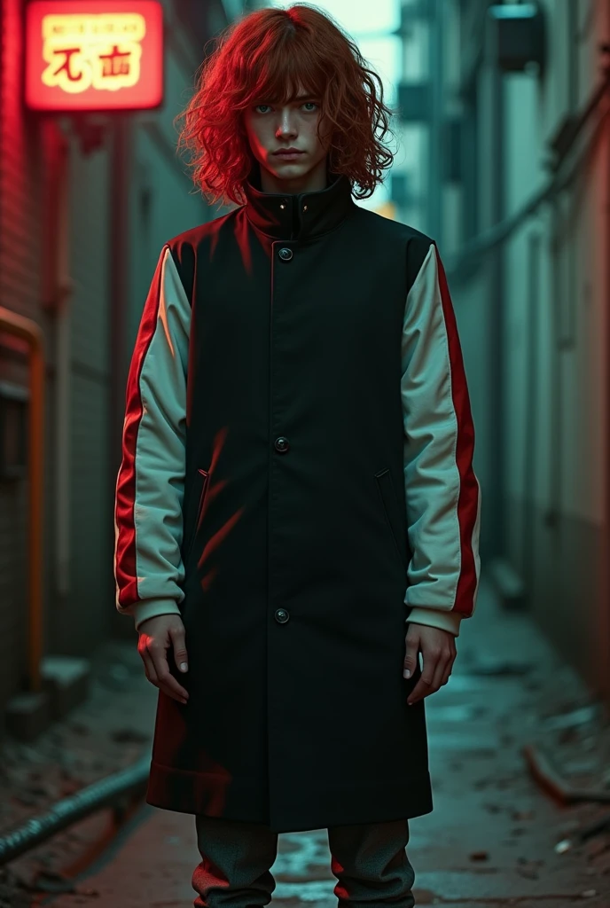 Create an illustration of an 18-year-old hitman with long, curly red hair and bangs between his eyes, tired look, skin fair, a closed black coat with a high collar and white sleeves with red stripes and gray pants and a blade hidden in its sleeve, black boots and gray gloves