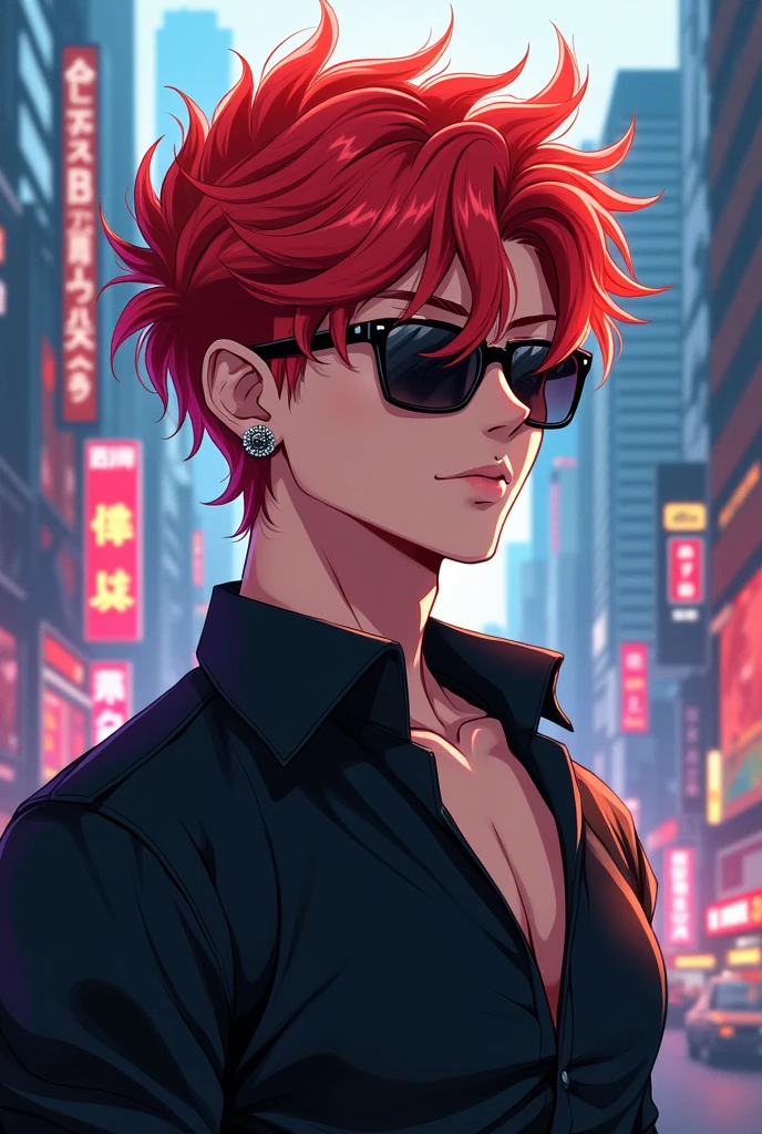 anime、Red hair、male、Handsome、Black sunglasses、young、Black Shirt、Earrings、