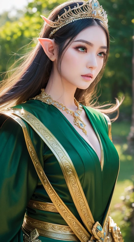 asian girl, bold makeup, long eyelashes, sturdy armor,nature background,hyper detailed face, very detailed lips, Detailed eyes,full body picture,(The most luxurious and highest quality giant tiara:1.1),(Lots of jewelry:1.1),(elven warrior:1.1),elf ears,olding a sword,very pale skin,black hair,tied hair,hair in a bun,green clothing